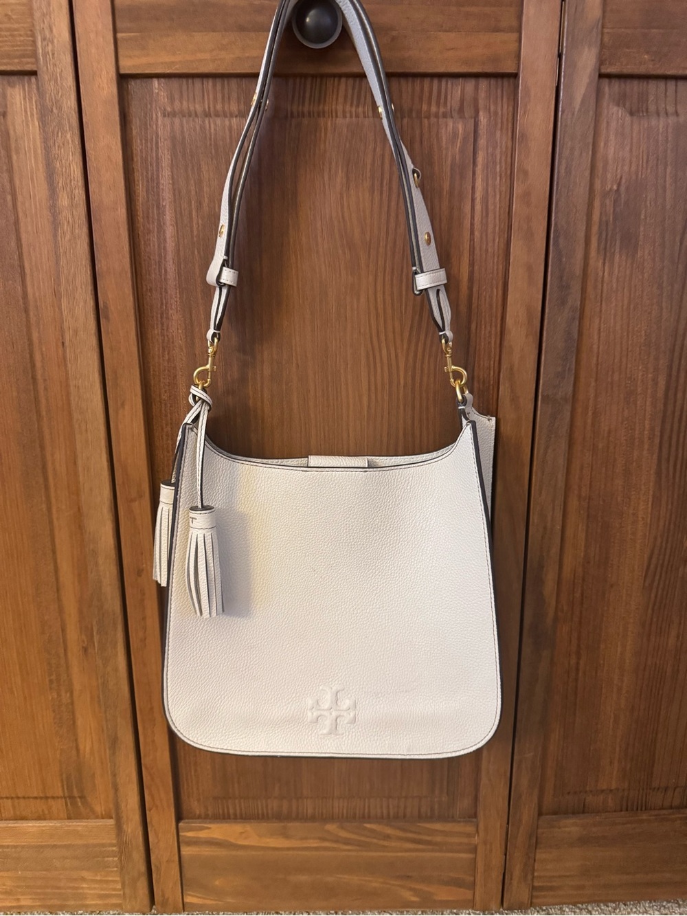 Tory Burch White Pebbled Leather Shoulder Bag with Tassels
